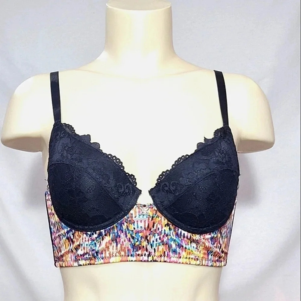 34B Kardashian Aya Minakini Print‎ UW Corselet Bra Black NWT